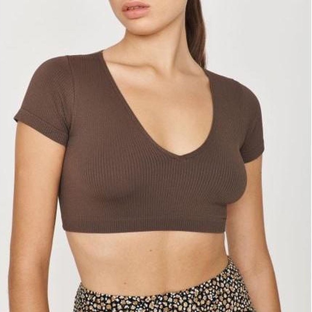 NWT GARAGE STACIE SEAMLESS RIBBED V NECK SHORT SLEEVE CROP TOP BROWN SIZE LARGE